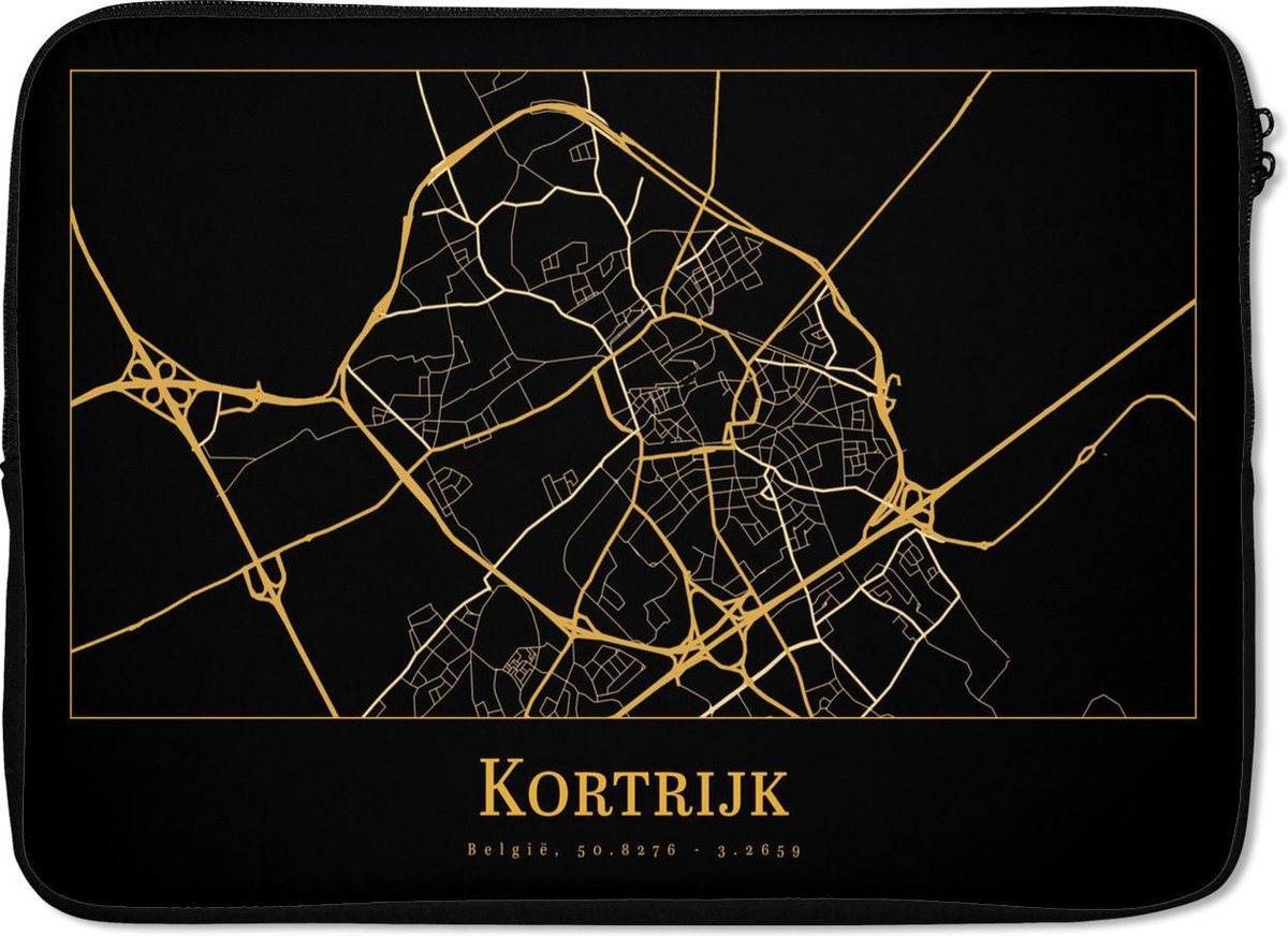Laptophoes 13 inch - Kaart - Kortrijk - België - Goud - Zwart - Laptop sleeve - Binnenmaat 32x22,5 cm - Zwarte achterkant