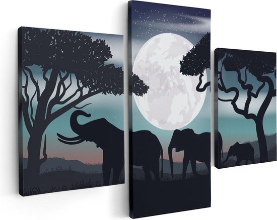Artaza - Canvas Schilderij - Olifanten Silhouet Tijdens Volle Maan - Foto Op Canvas - Canvas Print