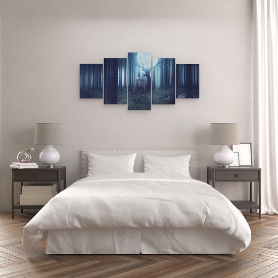 Pentaptyque Artaza - Peinture sur toile - Cerf dans la forêt pendant la pleine lune - 100x50 - Photo sur toile - Impression sur toile