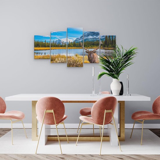 Pentaptyque Artaza - Peinture sur toile - Cerf dans les Montagnes au bord d'un lac - 100x50 - Photo sur toile - Impression sur toile