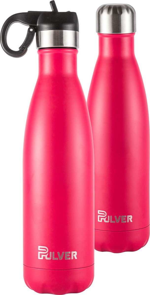 Pulver - Luxe RVS Thermosfles / Drinkfles – BPA Vrij – 500 ml - Waterfles met Rietje – Drinkfles – Dubbele isolatie - Roze