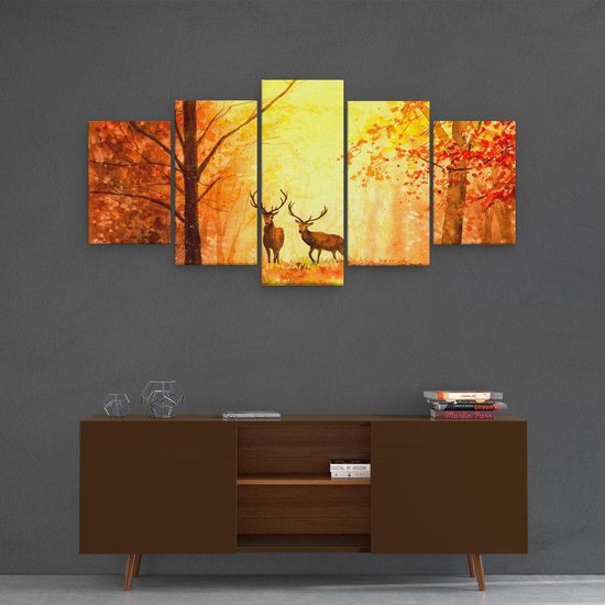 Artaza - Peinture sur toile Pentaptyque - Cerf dessiné dans la forêt - Automne - 100x50 - Photo sur toile - Impression sur toile