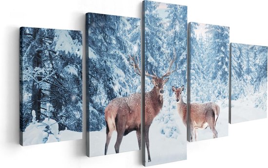 Artaza Canvas Schilderij Vijfluik Twee Herten In Het Bos Met Sneeuw - 100x50 - Foto Op Canvas - Canvas Print