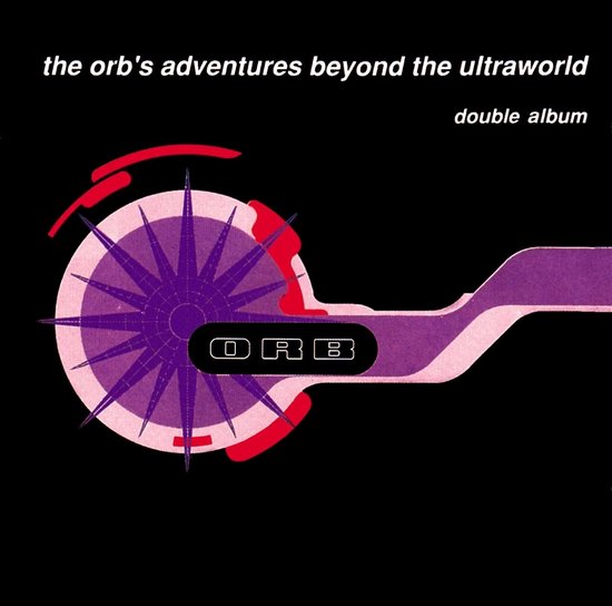 Albumhoes van 'the orb's Adventures Beyond the Ultraworld double album' met een paarse en rode abstracte grafische weergave van een rad met het logo 'ORB'.