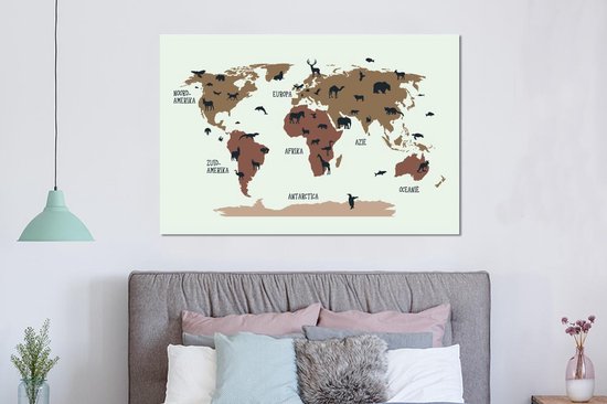 Décoration murale Métal - Peinture Aluminium - Wereldkaart Enfants - Animaux - Marron - 150x100 cm