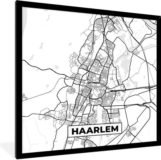Affiche encadrée - Cadre photo 40x40 cm - Posters - Carte - Haarlem - Zwart - Wit - Cadre affiche noir - Décoration - Décoration murale salon - Décoration murale chambre