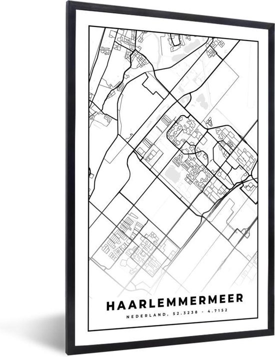 Affiche avec cadre Carte - Haarlemmermeer - Zwart - Wit - 60x90 cm