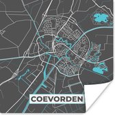 Poster Plattegrond - Coevorden - Grijs - Blauw - 50x50 cm - Stadskaart