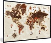 Fotolijst incl. Poster - Wereldkaart - Vintage - Kompas - 30x20 cm - Posterlijst