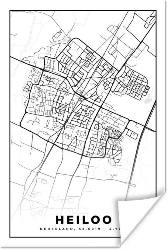Affiche Carte - Heiloo - Zwart - Wit - 20x30 cm