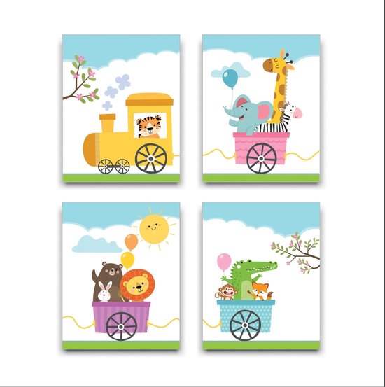 Schilderij  Set 4 Blije Dieren in de Trein - Kinderkamer - Dieren Schilderij - Babykamer / Kinder Schilderij - Babyshower Cadeau - Muurdecoratie - 50x40cm - FramedCity