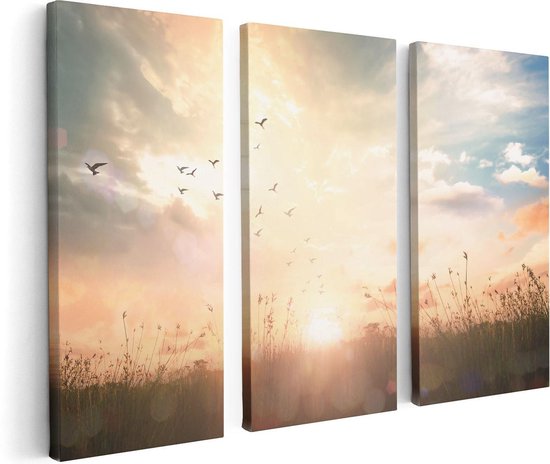 Artaza Canvas Schilderij Drieluik Silhouet Vogels Tijdens Zonsopkomst - 120x80 - Foto Op Canvas - Canvas Print