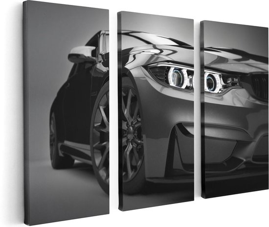 Artaza Canvas Schilderij Drieluik Grijze Sportwagen Auto - Zwart Wit - 120x80 - Foto Op Canvas - Canvas Print