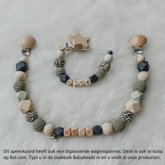 Babybeads - Speenkoord met naam - Legergroen met tijgerprint - Gepersonaliseerd kraamcadeau