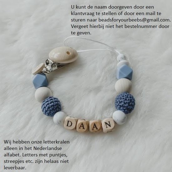 Babybeads - Speenkoord met naam - Donkerblauw met grijs - Gepersonaliseerd kraamcadeau