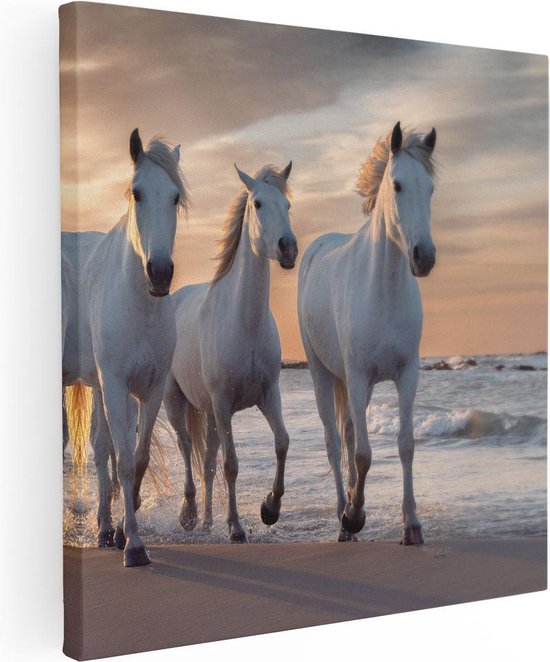 Artaza Canvas Schilderij Witte Paarden Op Het Strand Bij Water - 90x90 - Groot - Foto Op Canvas - Canvas Print