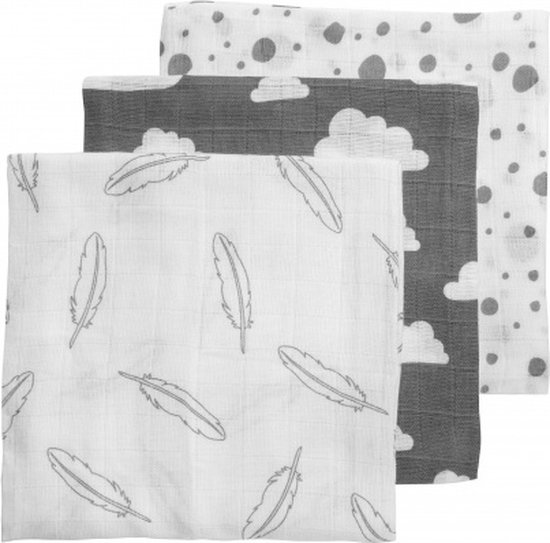 Meyco Clouds/Dots/Feathers hydrofiele doeken - 3-pack - grey - 70x70cm