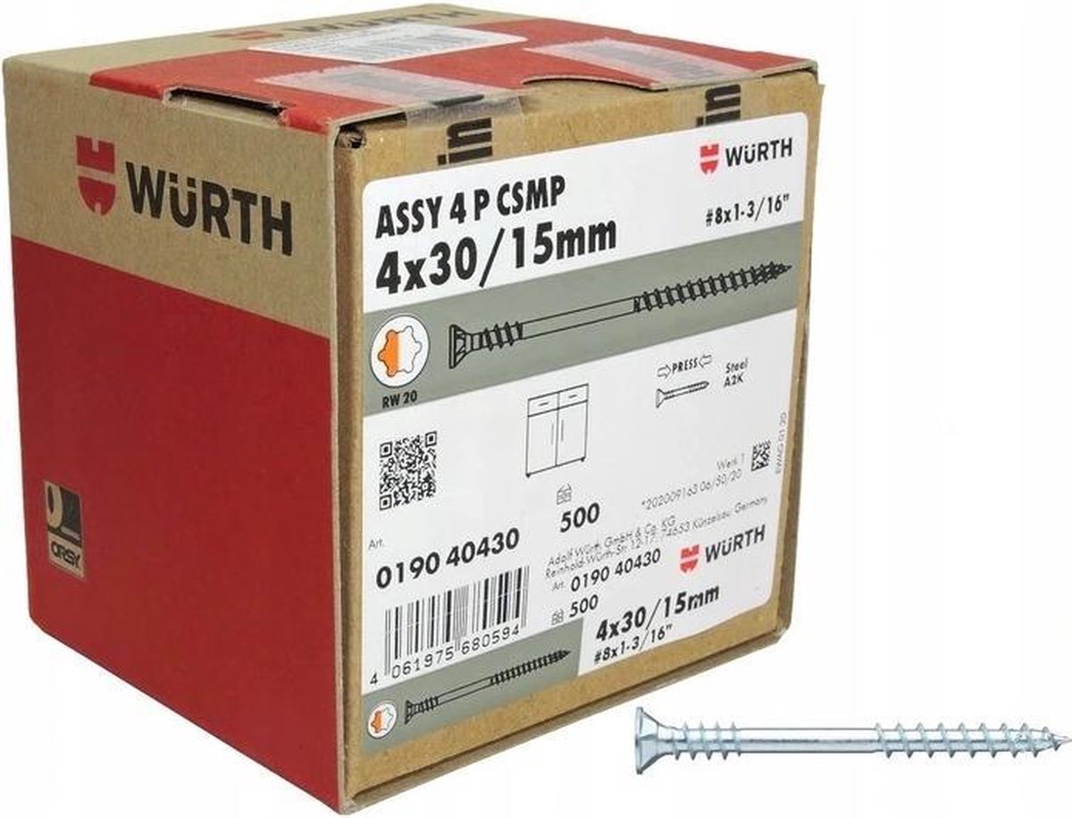 Wurth ASSY® 4 P 4x30/15mm 500st - RW20 - universele - schroef - schroeven - Spaanplaatschroeven - staal verzinkt deeldraad met onderkopdraad verzonken kop met freesholtes