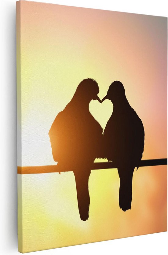 Artaza Canvas Schilderij Twee Silhouet Vogels In Een Hart Vorm - 80x100 - Groot - Foto Op Canvas - Canvas Print