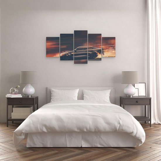 Artaza Canvas Schilderij Vijfluik Zwarte Sportwagen Auto Met Vlammen - 100x50 cm - Wanddecoratie Woonkamer - Schilderijen - Muurdecoratie