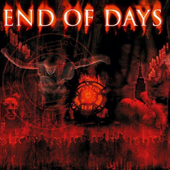 Albumhoes 'End of Days' met rode, apocalyptische afbeeldingen en vlammende titel.