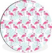 WallCircle - Wandcirkel - Muurcirkel - Flamingo - Bladeren - Zomer - Aluminium - Dibond - ⌀ 60 cm - Binnen en Buiten