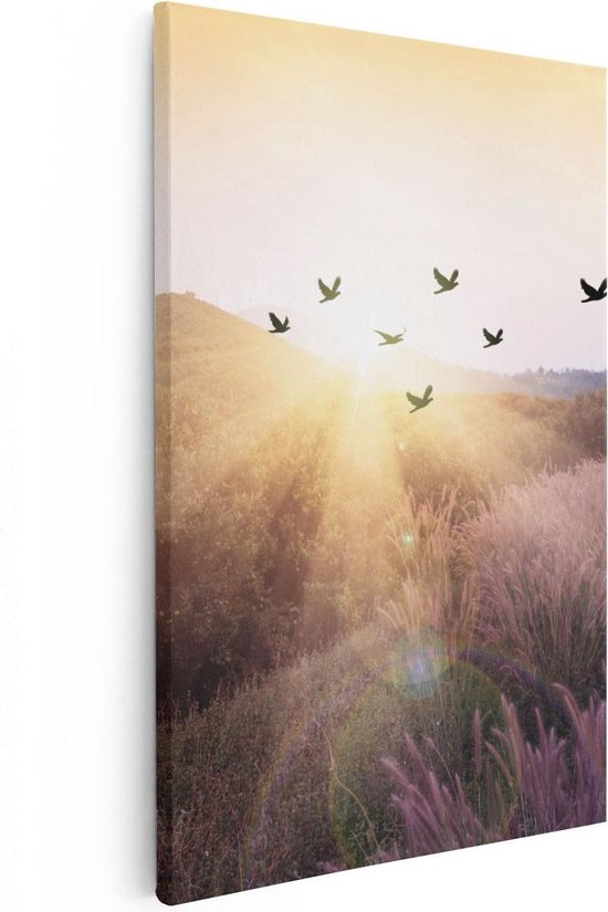 Artaza Canvas Schilderij Silhouet Zwerm Vogels Bij Zonsondergang - 40x60 - Poster Foto op Canvas - Canvas Print