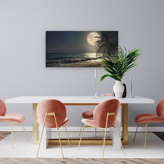 Artaza Toile Peinture Plage Tropicale La Nuit Avec Pleine Lune - 80x40 - Image Sur Toile - Impression Sur Toile