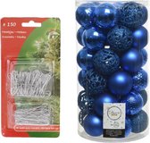 37x stuks kunststof kerstballen kobalt blauw 6 cm inclusief zilveren kerstboomhaakjes - Kerstversiering