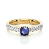 Geelgouden dames ring, half eternity, solitaire blauwe saffier edelsteen - 14 karaat geelgoud bezet met diamanten