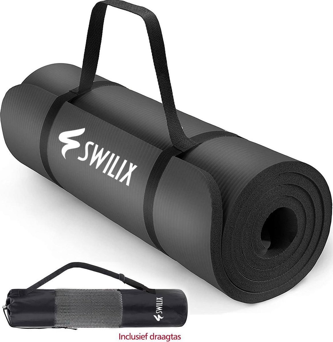 SWILIX® Yoga Mat 15mm - Fitnessmat - 190 x 66 cm Groot Sportmat - Incl. Draagriem En Draagtas - Zwart - SWILIX