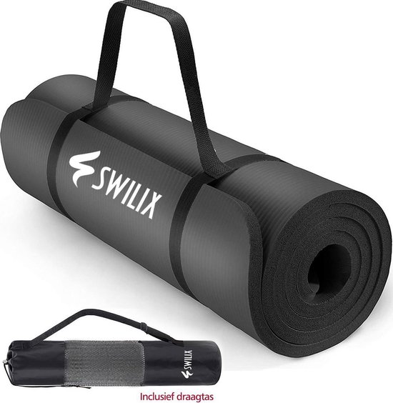 SWILIX ® Fitness Mat - Incl. Draagriem En Draagtas - Zwart - 190 x 66 x 1.5 cm