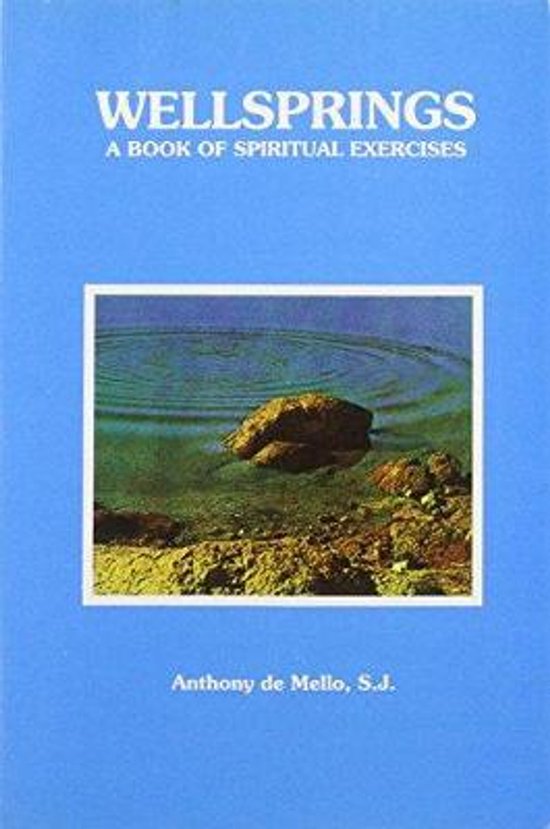 Boek "WELLSPRINGS, A BOOK OF SPIRITUAL EXERCISES" door Anthony de Mello, S.J. met op de kaft een rots in het water.