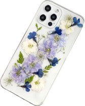 iPhone 12 Pro Max transparant hoesje met echte bloemen | Shock proof, siliconen hoes, case, cover, transparant | Paars, blauw, wit, lavendel | Telefoon case, telefoonhoesje, mobiel