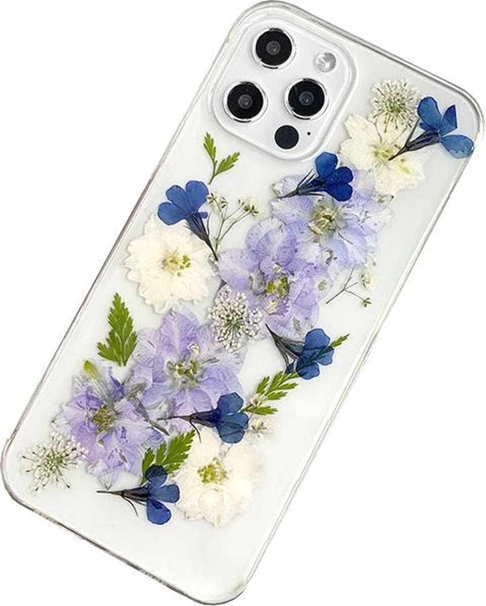 iPhone 12 Pro Max transparant hoesje met echte bloemen | Shock proof, siliconen hoes, case, cover, transparant | Paars, blauw, wit, lavendel | Telefoon case, telefoonhoesje, mobiel hoesje | Gedroogde bloemen, droogbloemen, plantenliefhebber