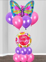 Vlinder folieballonpakket 15 delig met grote Vlinder en Happy Birthday