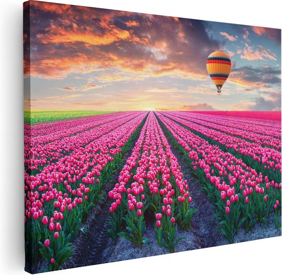 Artaza Canvas Schilderij Bloemenveld Met Roze Tulpen - Luchtballon - 40x30 - Klein - Foto Op Canvas - Canvas Print