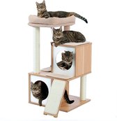 Krabpaal voor Grote en Kleine Katten - met Kattenmand, Krabplank & Kattenspeeltjes/Kattenspeelgoed - Geschikt voor Kittens - 3 Verdiepingen - Beige 89cm hoog