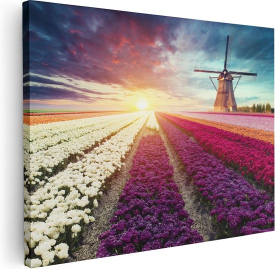 Artaza Canvas Schilderij Kleurrijke Tulpen Bloemenveld - Windmolen - 80x60 - Foto Op Canvas - Canvas Print