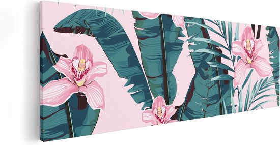 Artaza Canvas Schilderij Tropische Roze Zomer Bloemen Met Bladeren - 120x40 - Groot - Foto Op Canvas - Canvas Print