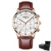 NIBOSI - Horloge voor mannen - Bruin/Rosé/Wit - Quartz - 42mm - Leren band - 3 ATM waterdicht