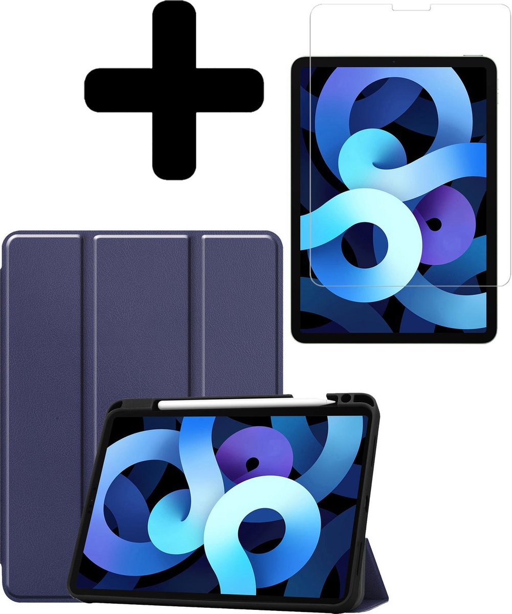 Hoesje - Geschikt voor Apple iPad Air 4 (2020) - 10.9 inch - 4e Generatie - Met Screenprotector - Trifold Bookcase Hoes - Hard Cover Case - Met Uitsparing Geschikt voor Apple Pencil - Hardcover Book - Tablethoes - Donkerblauw