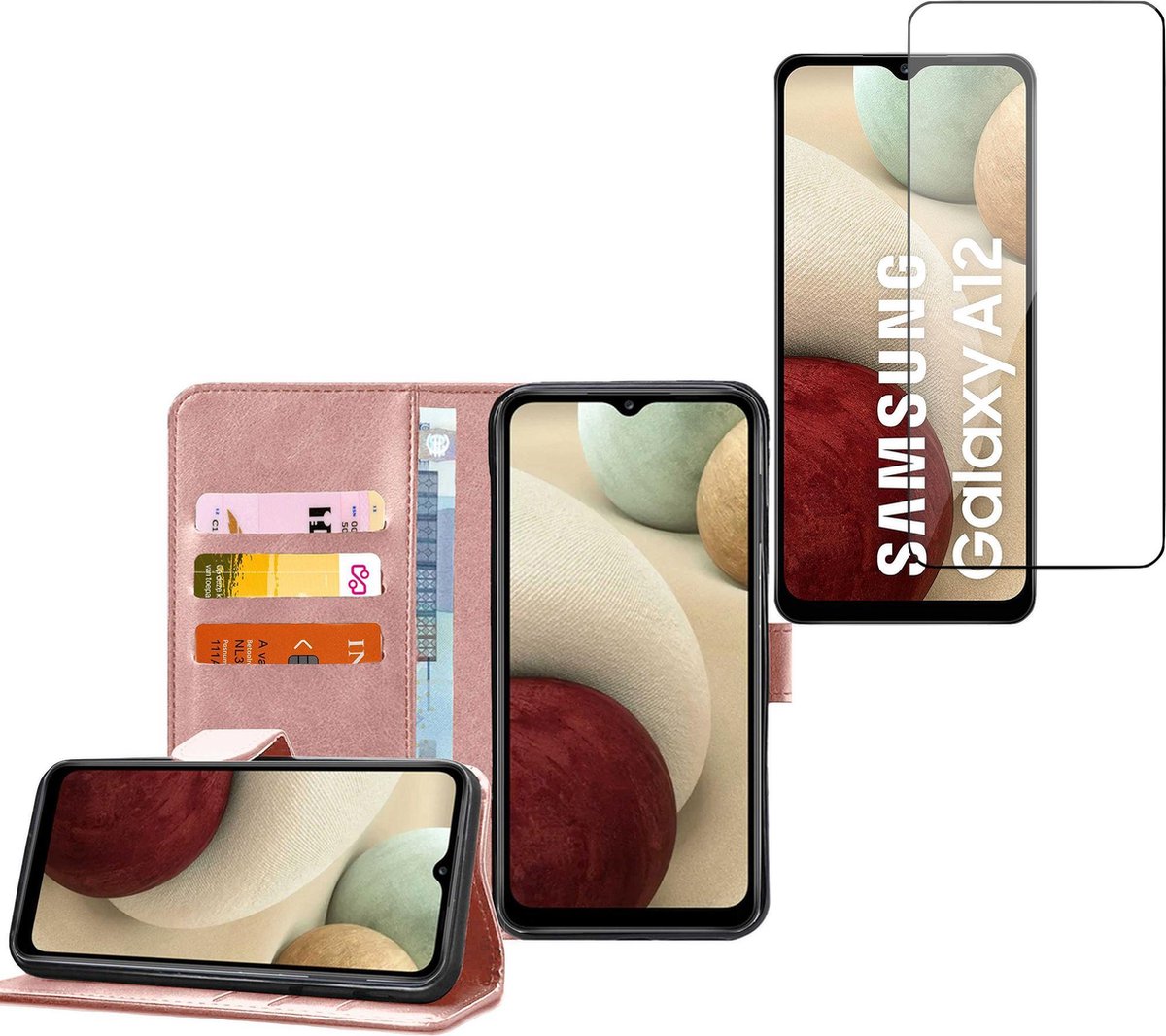 Hoesje geschikt voor Samsung Galaxy A12 - Screenprotector Glas - Book Case Portemonnee Hoesje Roségoud