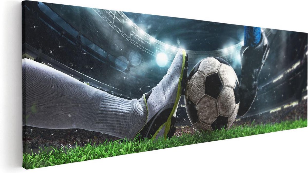 Artaza Canvas Schilderij Voetbal Sliding Op De Bal In Het Stadion - 120x40 - Groot - Foto Op Canvas - Canvas Print