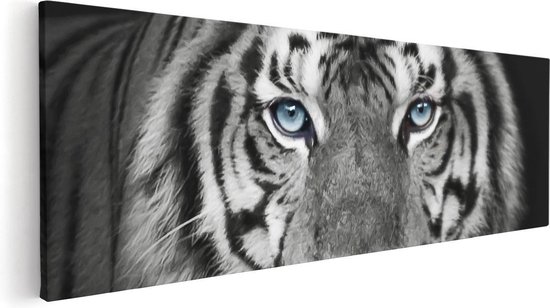 Artaza Canvas Schilderij Tijgerkop Met Blauwe Ogen - Zwart Wit - 120x40 - Groot - Foto Op Canvas - Canvas Print