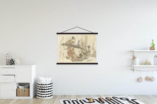 Deux femmes avec un koto - Peinture par Katsushika Hokusai plaque d'école lattes plates noir 150x113 cm - Tirage photo sur affiche textielposter (décoration murale salon / chambre)