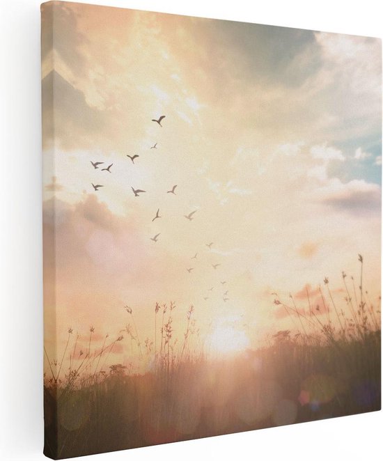 Artaza Canvas Schilderij Silhouet Vogels Tijdens Zonsopkomst - 70x70 - Foto Op Canvas - Canvas Print