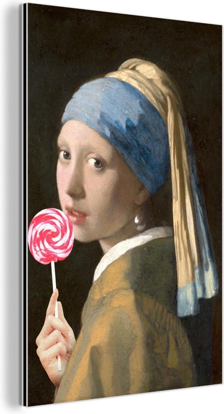 Wanddecoratie Metaal - Aluminium Schilderij Industrieel - Meisje met de parel - Johannes Vermeer - Lolly - Roze - 100x150 cm - Dibond - Foto op aluminium - Industriële muurdecoratie - Voor de woonkamer/slaapkamer