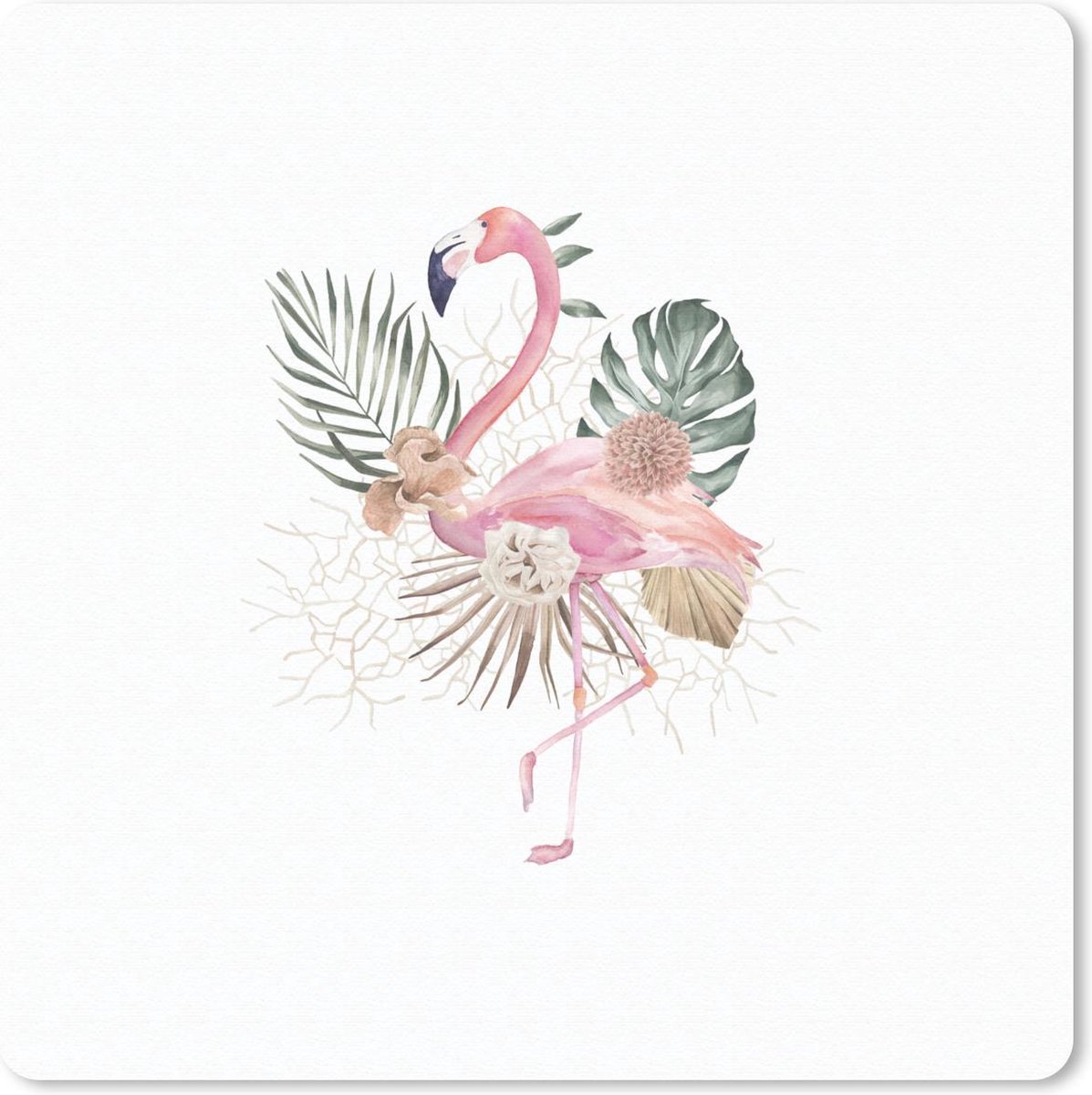 Muismat 20x20 cm - Mousepad Flamingo - Bladeren - Bloemen - Tekening - Muismatten