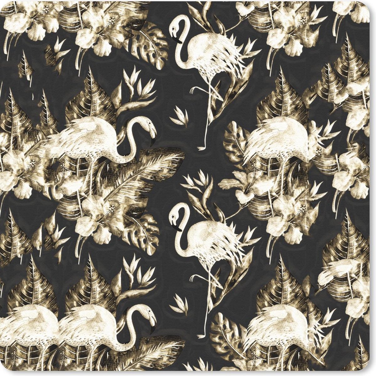 Muismat 30x30 cm - Mousepad Flamingo - Bloemen - Goud - Patronen - Muismatten